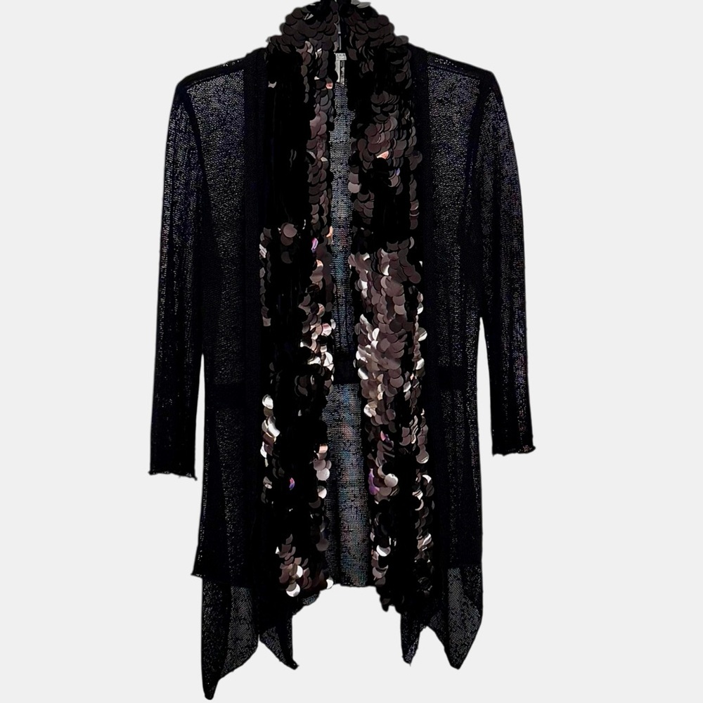 Alberto Makali Size Large Black Mesh Cardigan Sequin Shawl Collar 3/4 Sleeve